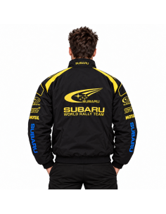 Subaru World Rally Team jacket worn by a model – back view