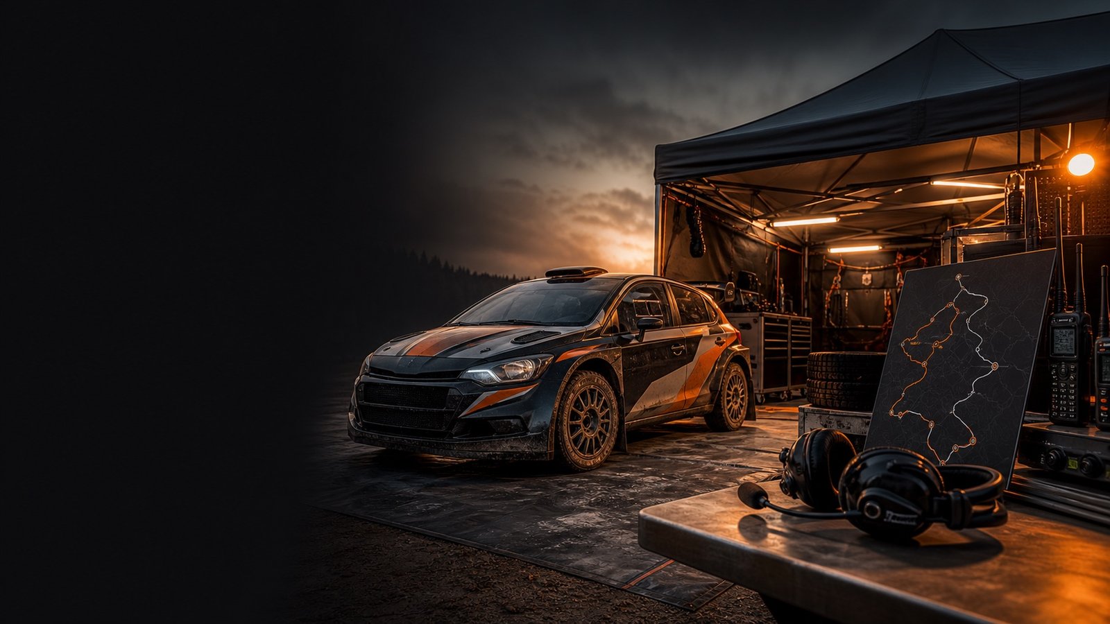 Véhicule de rallye dans une zone de service